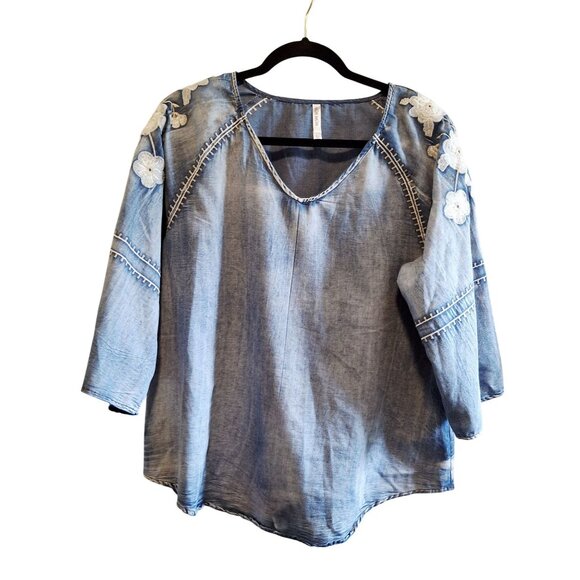 Mur Mur Embroidered Peasant Top Floral Denim Shirt Top Women Boho Chambray Women - Picture 1 of 6